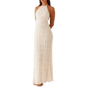 Women's Ruched Bodycon Long Dress Sleeveless Backless Solid Color Dress Cocktail Party Dress goddess