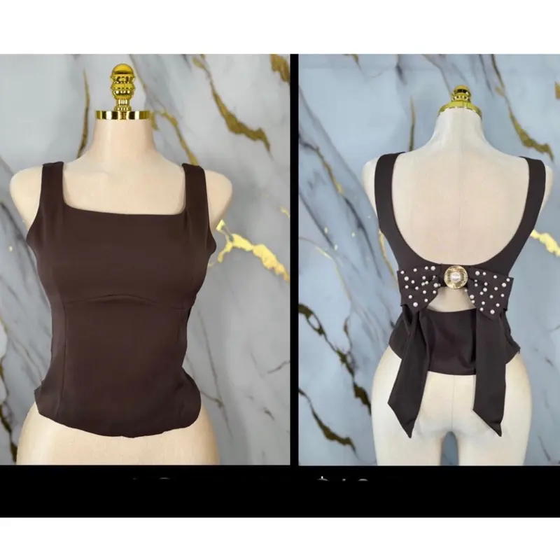 Women's Elegant Brown Blouse, Sleeveless Minimalist Top with Bow Back and Pearl Detail for Casual or Formal Wear, Shirts