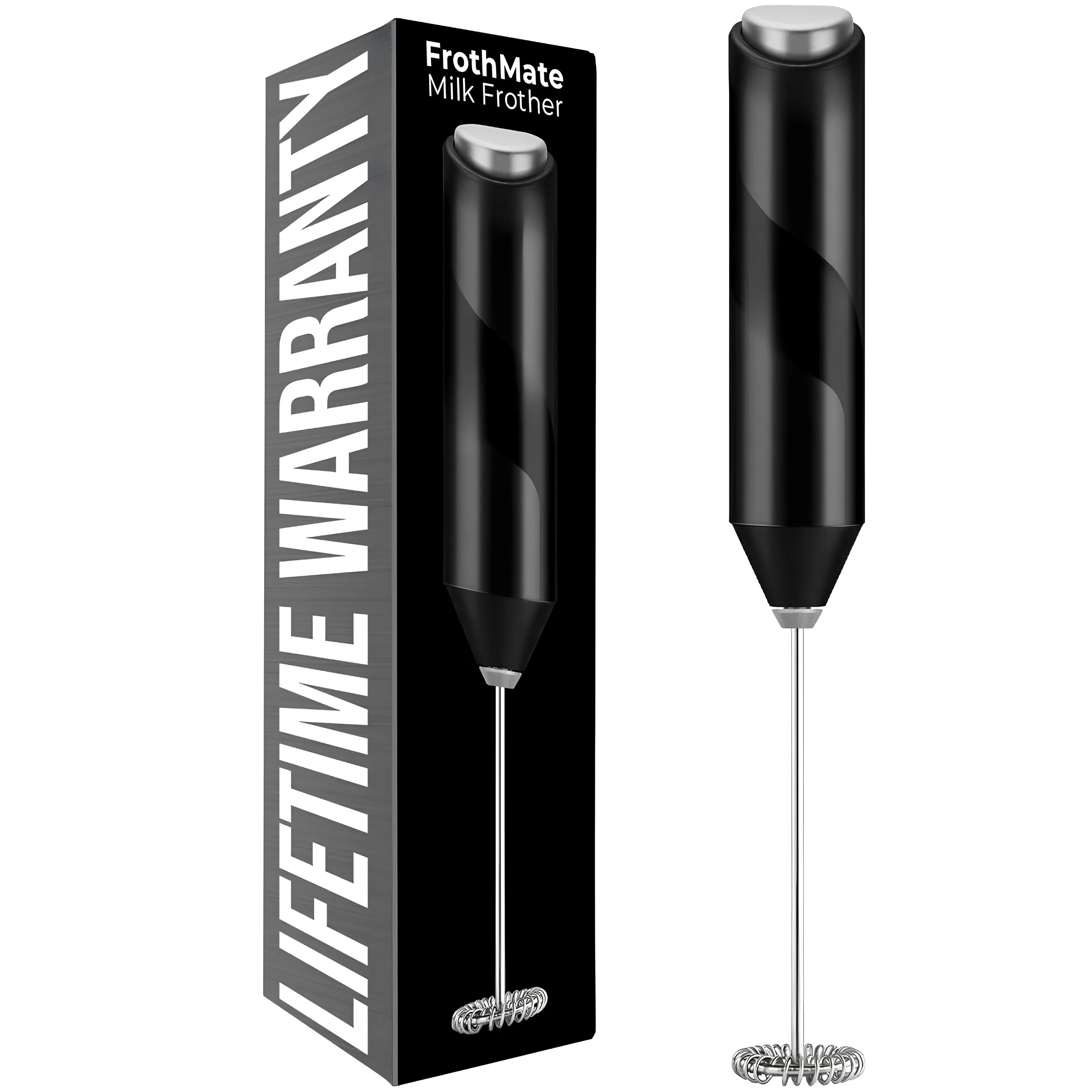 Handheld Milk Frother Wand Battery Operated Stainless Steel Drink Mixer for Coffee, Lattes, Cappuccino, Matcha, Hot Chocolate & Protein Shakes, Electric Foam Maker, Kitchen Coffee Bar Accessory, Black