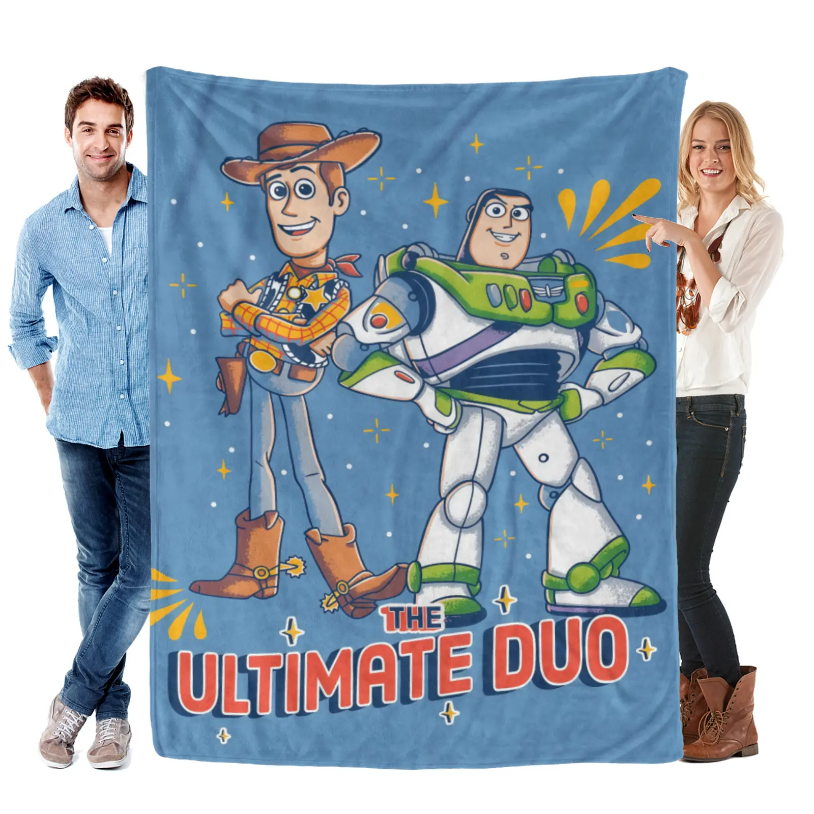 [Summervibes] Disney Blue Star Background Woody Buzz Duo Graphic Toy Story Blanket - Soft Cozy Star Accent Design, Machine Washable, Fit Sofa, Bed, Travel Beach