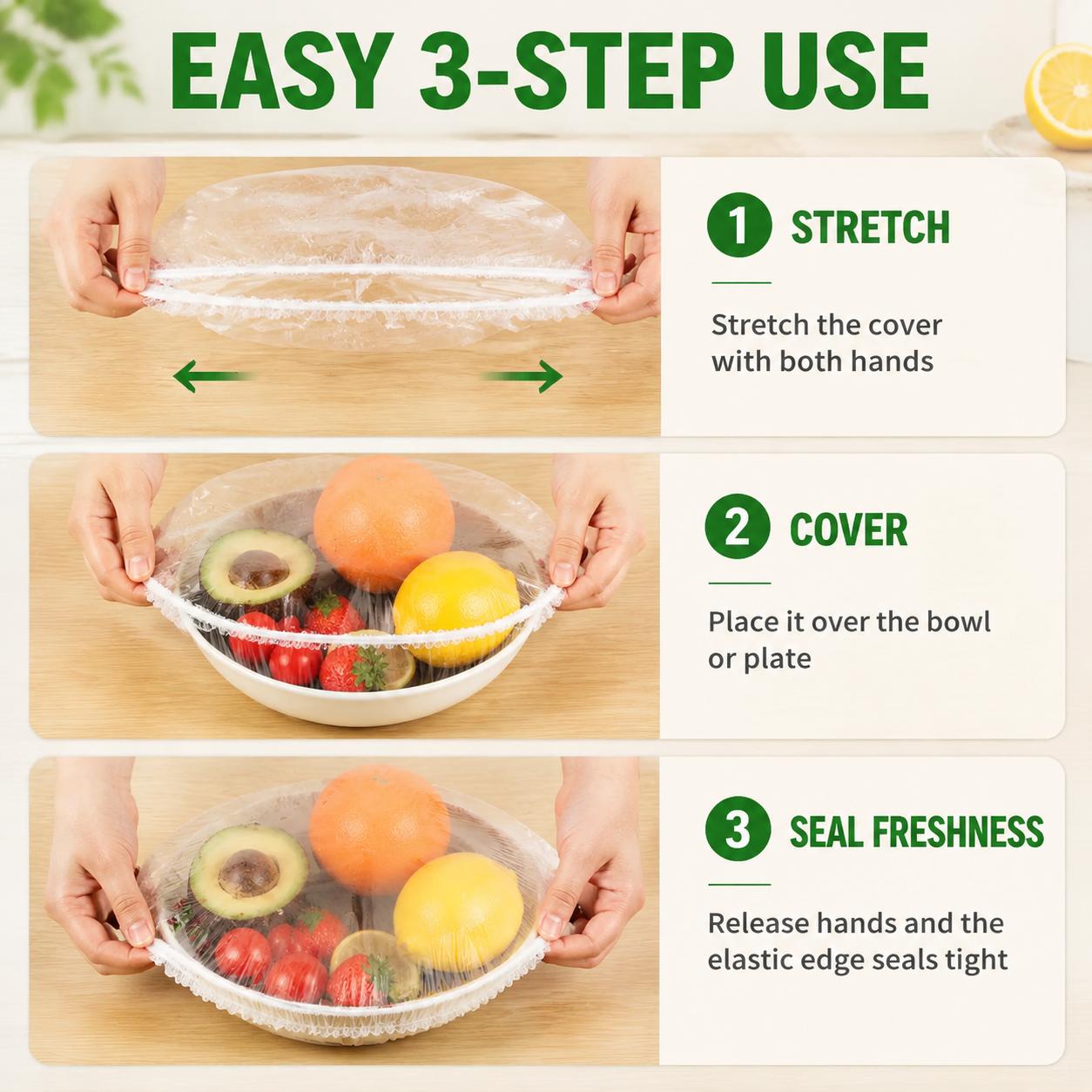 100 PCS Elastic Disposable Food Covers Set - Food-Grade PE Stretch Lids Utensils for Bowls, Plates, Leftovers, Fruit Preservation - Reusable Plastic Wrap Alternative for Kitchen Refrigerator Containers, Daily Use