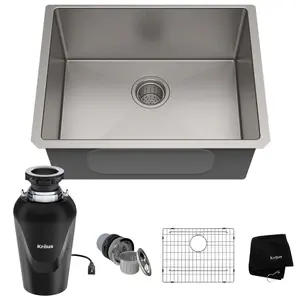 212 MAIN 23 in. Undermount Satin Stainless Steel Rectangular Deep Single Bowl Kitchen Sink Complete Kit with Waste Guard, Continuous Feed Garbage Disposal, Flange, Power Cord, Engineered Channel Grooves for Kitchen Sink Installation