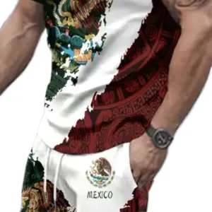 Mexico Eagle 2pc outfit for man t- shirt and short Crew Neck Casual White Floral Plain Menswear T-Shirt