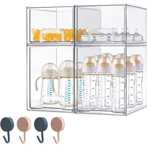 Baby Bottle Organizer-4 Pack Stackable Storage Drawers, Baby Organizers and Storage with Hooks, Clear Acrylic Multipurpose Bottle Storage for Countertop,Kitchen,Cabinet,Vanity,Bathroom