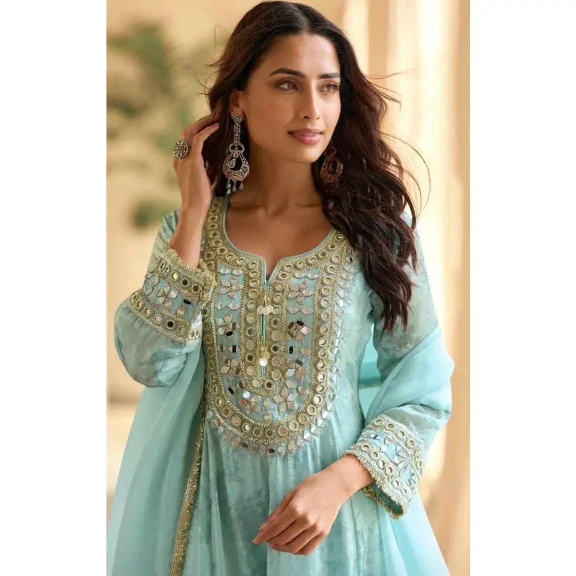 Mirror Work Simar Silk Suit Set with Embroidered Dupatta