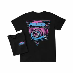 FASS Diesel Fuel Systems T-Shirt with Turbocharger Neon Retro Graphic, 80s Synthwave Automotive 2 Sides Graphic Tee, Soft Cotton Blend Shirt, Gift for Diesel Fans