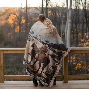 Multi Purpose Yarn Woven Outdoor Camping Blanket with Fringe -Cowboy Pattern, Thick Breathable, Colorfast, Use for Garden, Hiking,Travel, Lawns, or Concerts. As Home Decor, Use for Throw Blanket, Sofa Towel, Tablecloth, Tapestry, Office Nap