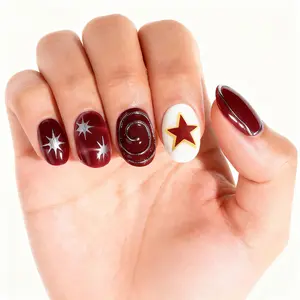24pcs Short Oval Wine French Tip Press-On Nails, French Tips Nails, 3D Circle Star Design, Full Coverage Acrylic False Nails, Includes Glue and File, Stylish Acrylic Nails