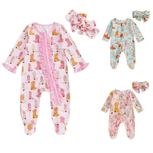 Western Boots Baby Cowgirl Clothes Ruffles Zipped One Piece Jumpsuit Footie Romper Pajamas Sleepwear Newborn Coming Home Outfit