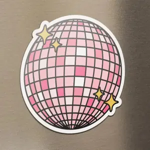 Pink Disco Ball Magnet - Decorative Magnet for Home or Office with Pink and White Grid Design