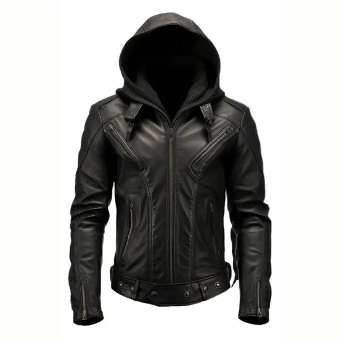 Men's Black Hooded Biker Leather Jacket