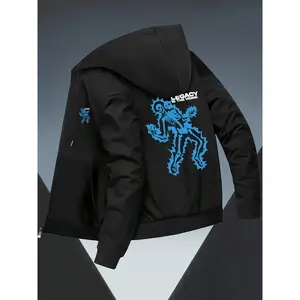 Bmuvlss Men's Gothic Punk Bomber Jacket with Skull & Reaper Print, Full-Zip Hooded Coat, Slim-Fit Winter Warm Outerwear, Machine Washable Black/Orange/White Casual Jacket for Concerts & Casual Attire