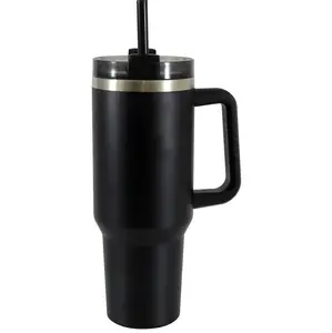 40 oz Stainless Steel Tumbler with Straw and Handle Double Wall Insulated Black 18/8 Recycled Material BPA Free Reusable Straw Spill Resistant Lid