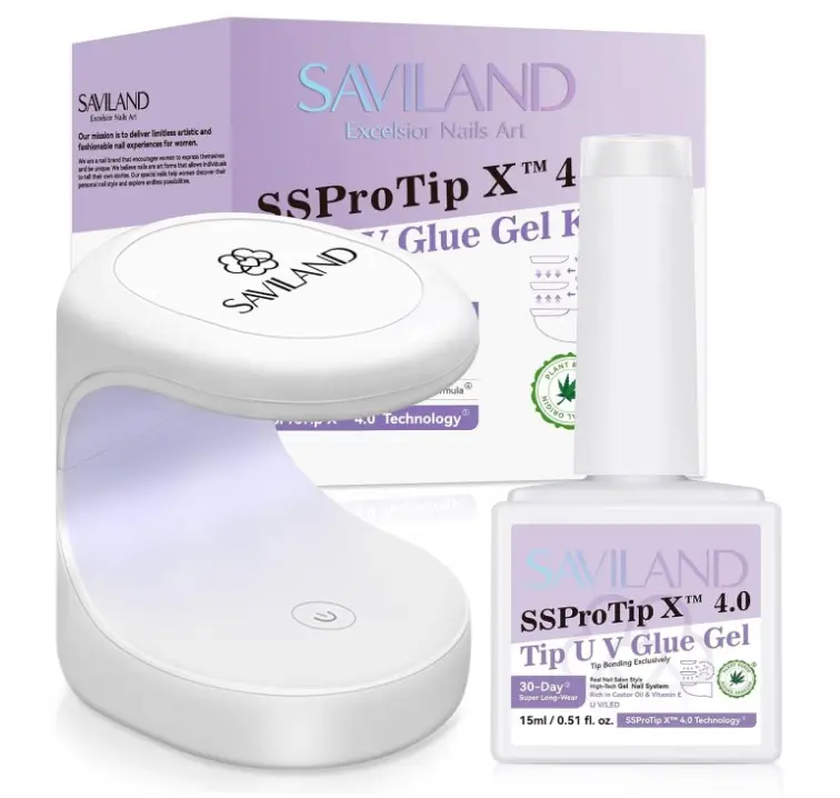 SAVILAND Gel Nail Glue with Lamp: U V Nail Glue Gel DUO for Nails Tips 15 ML and U V Light for Nails Fast Curing Gel Extension DIY Manicure Art Home Salon Gift