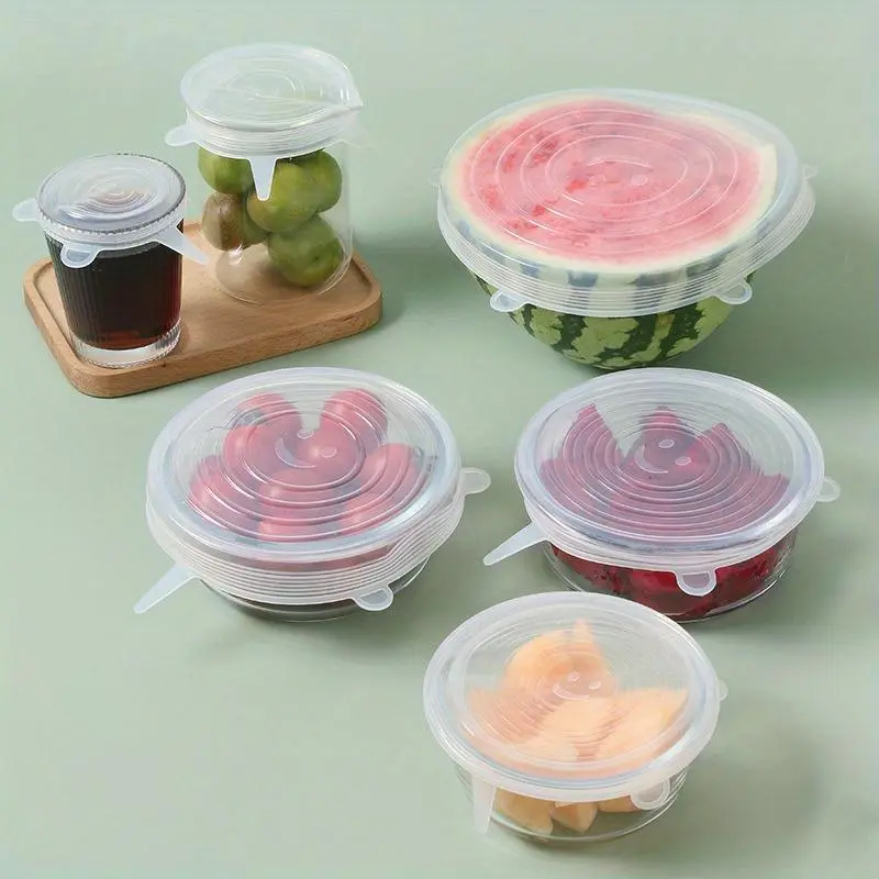6pcs Silicone Elastic Leak Proof Sealing Lids, Silicone Stretch Lids, Reusable Durable Food Storage Bowl Lids, Reusable Silicone Covers, Silicone Lid Cover, Dishwasher & Refrigerator Safe Storage, Kitchen Supplies