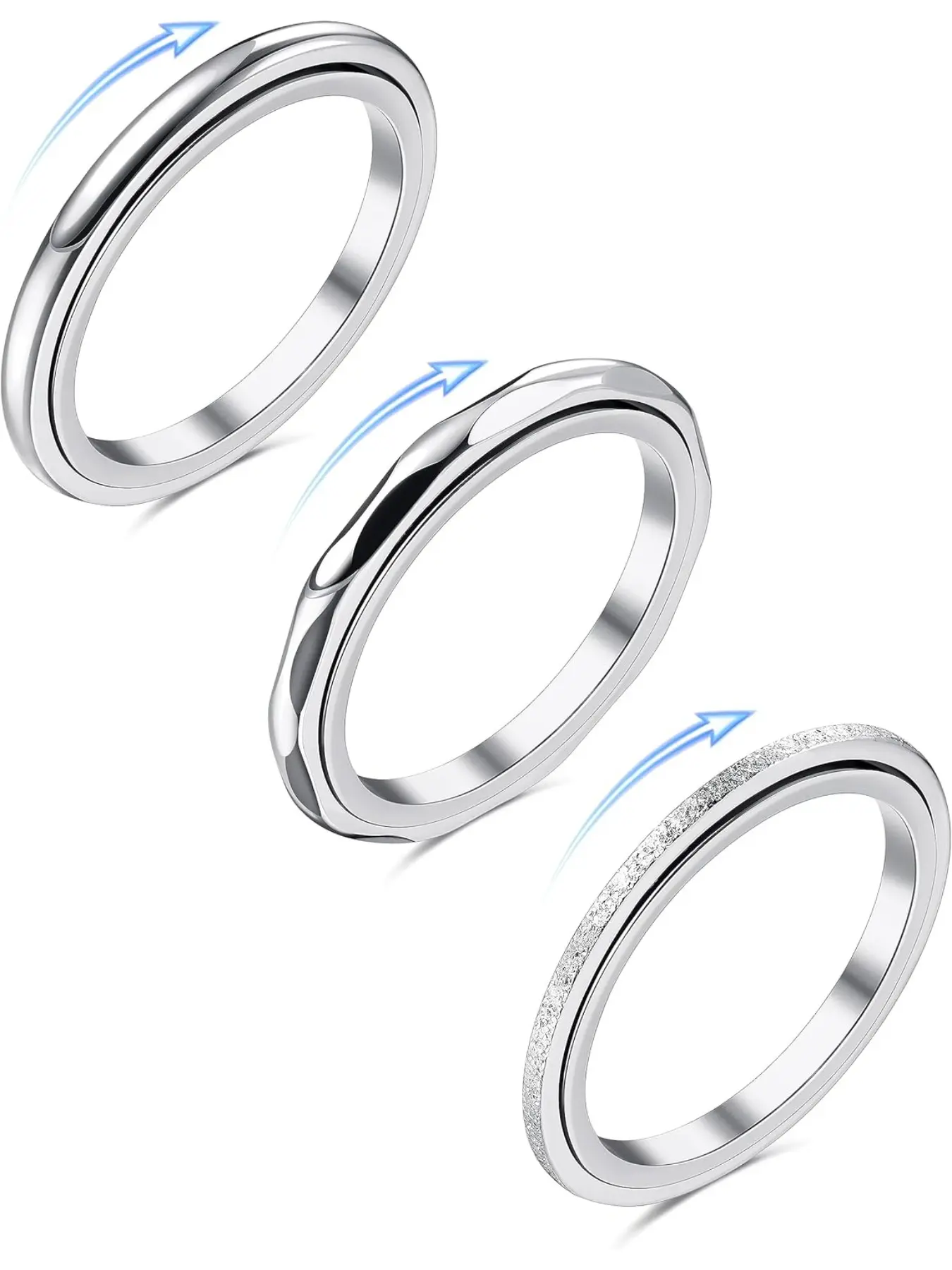 3 Pcs Fidget Ring Womens Rings Stainless Steel Rings Set, Anti Anxiety Jewelry, Stress Relief Jewelry, Anxiety Rings Anti Stress Ring Silver Rings for Women Stacking Rings Spinner Ring Fidget Ring for Anxiety Women Men Stackable Rings