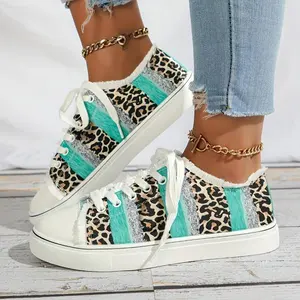 Leopard Print Women's Casual Sneakers ER 836480 - Lightweight Fabric Upper, Raw Trim Detail, Lace-Up Low Tops, Rubber Sole, Round Toe, All-Season Wear, Teal Stripe Design, Athletic Trainer Runner Footwear