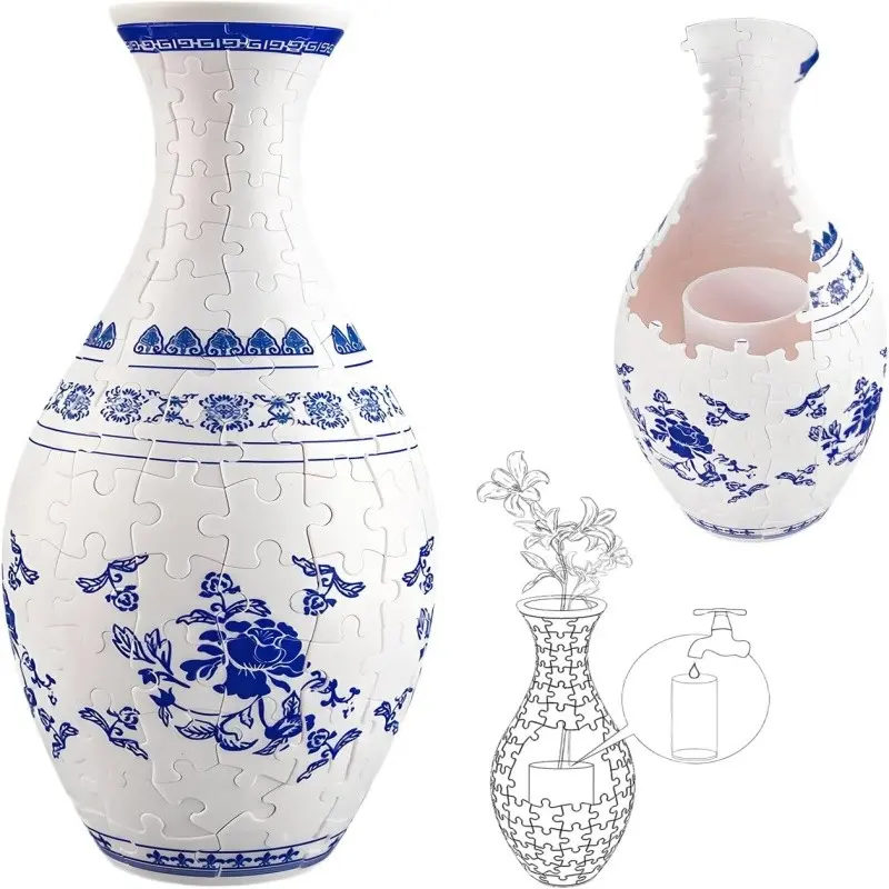3D Plastic Puzzle Vase Unique Floral Flower Vase 160 Pieces DIY Flower Vase for Home Decoration DIY Flower Planter Jigsaw Puzzle Kit Decorative Art Jar Craft Gift