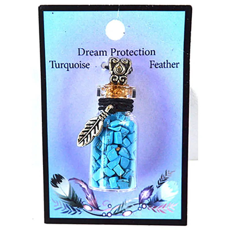 Turquoise Chips Bottle Necklace with Feather Charm — Protection Crystal Pendant