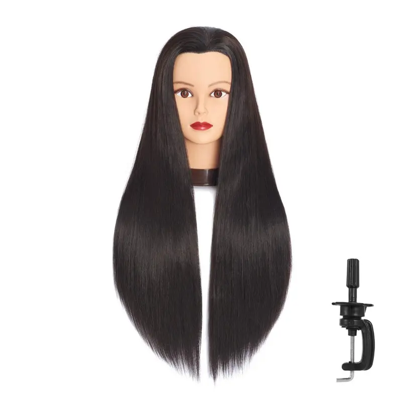 26in-28in Long Hair Mannequin Head Stnthetic Fiber Hairdresser Practice Styling ing, Cosmetology Manikin Doll Head With Clamp Stand (6F1919LB0220)