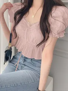 French Style Puff Sleeve Sweet Lace Waist-Defining Shirt Blouses, Summer Thin Woven Fit Top for Women, Casual and Elegant Fashion