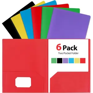 Plastic Folders with Pockets (6 Pack, Assorted Colors), Document Folders with Business Card Slot, 2 Pocket Folders Fit Letter Size Paper,  for School Office Home Business
