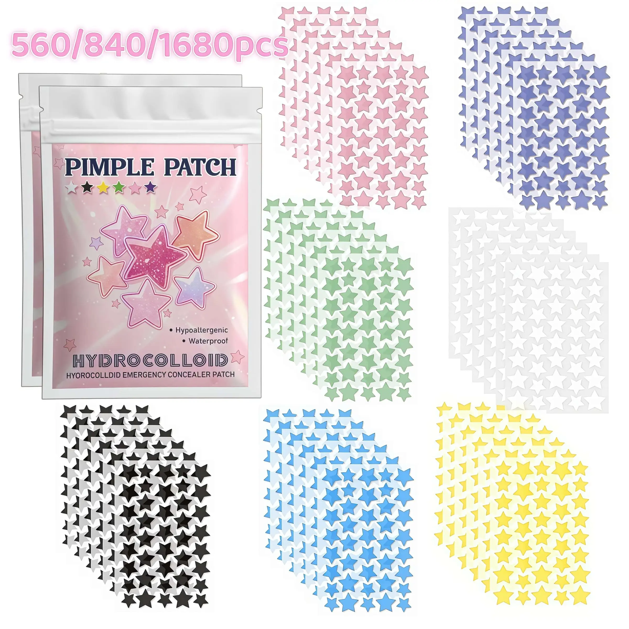 840/1400/1680pcs 7-Color Star Pimple Patch Set, Cute Colorful Face Cover Stickers, Mixed Size Hydrocolloid Invisible Spot Patches for Daily Day & Night Use, Acne Spot Treatment, Acne Clearing Products