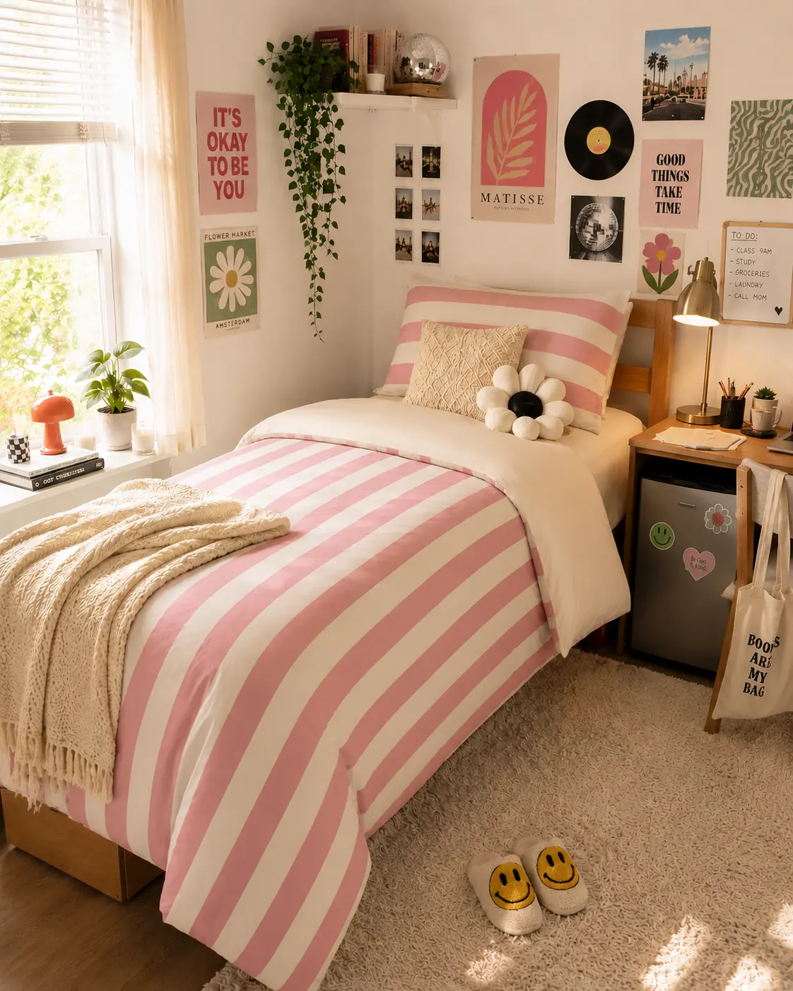 Pink White Striped Comforter | Cozy Twin XL Dorm Bedding | Modern Nautical Bedroom Decor