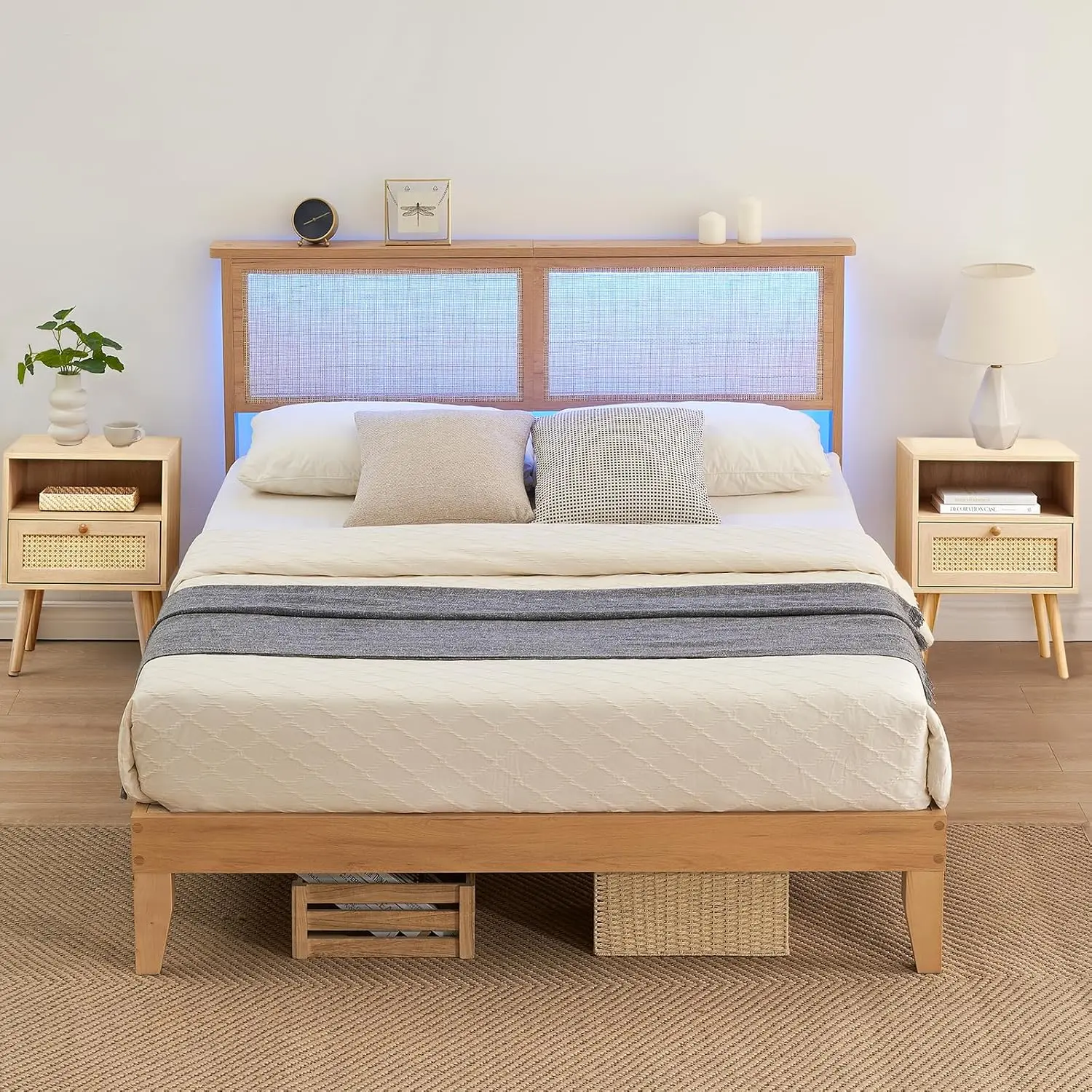 Queen Size Boho Rattan Wooden Platform Storage Bed Frame with Natural Rattan Bedroom Furniture Headboard, LED Light, Underbed Storage, Natural Wood Grain, Sturdy Slat Support, Easy Setup, No Box Spring Needed