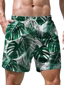 Men's Summer Beach Shorts, Vibrant and Leaf Pattern, Casual Loose Fit, Quick-Dry Polyester, Drawstring Waist, Ideal for Surfing and Swimming, Swimwear Shorts