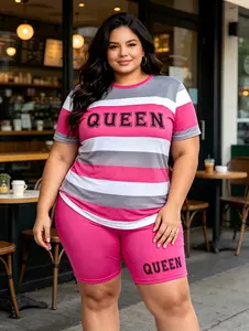 Plus-Size Women's Two-Piece Casual Set: Round-Neck Short-Sleeve Striped Color-Block Top with Athletic Shorts; Minimalist and Stylish Letter Print