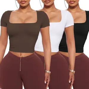 Lecieldusoir Square Neck Women's T Shirts Short Sleeve Basic Going Out Tops Fashion Slim Fit Tee Breathable Comfort Cute Shirts Y2K Streetwear Lightweight 019