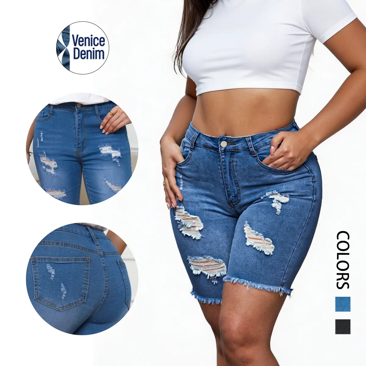 Women's Distressed High-Waisted Denim Jorts - High-Rise, Bodycon, Stretchy, Elastic, Soft, Comfortable, Breathable, Essential Fit Capri Shorts with Bermuda Carpenter Hem, Ripped Streetwear Bottoms