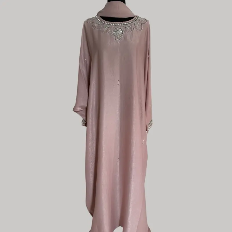 Blush Pink Butterfly Abaya with Embellished Neckline & Cuffs Featuring Pearls Crystals and Floral Patterns for Weddings Eid Formal Events Silky Shimmer-Finish Material Closed Style Flowing Silhouette