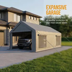 YJ-Garvee 12x20 Ft Carport, Heavy Duty Car Port with 200G PE Tarp, Roll-Up Doors and 4 Windows, Sturdy Waterproof & UV Protected Portable Garage for Pickups, Boats, Tractors, SUVs, Car, CampingMotorcycle, Gray,