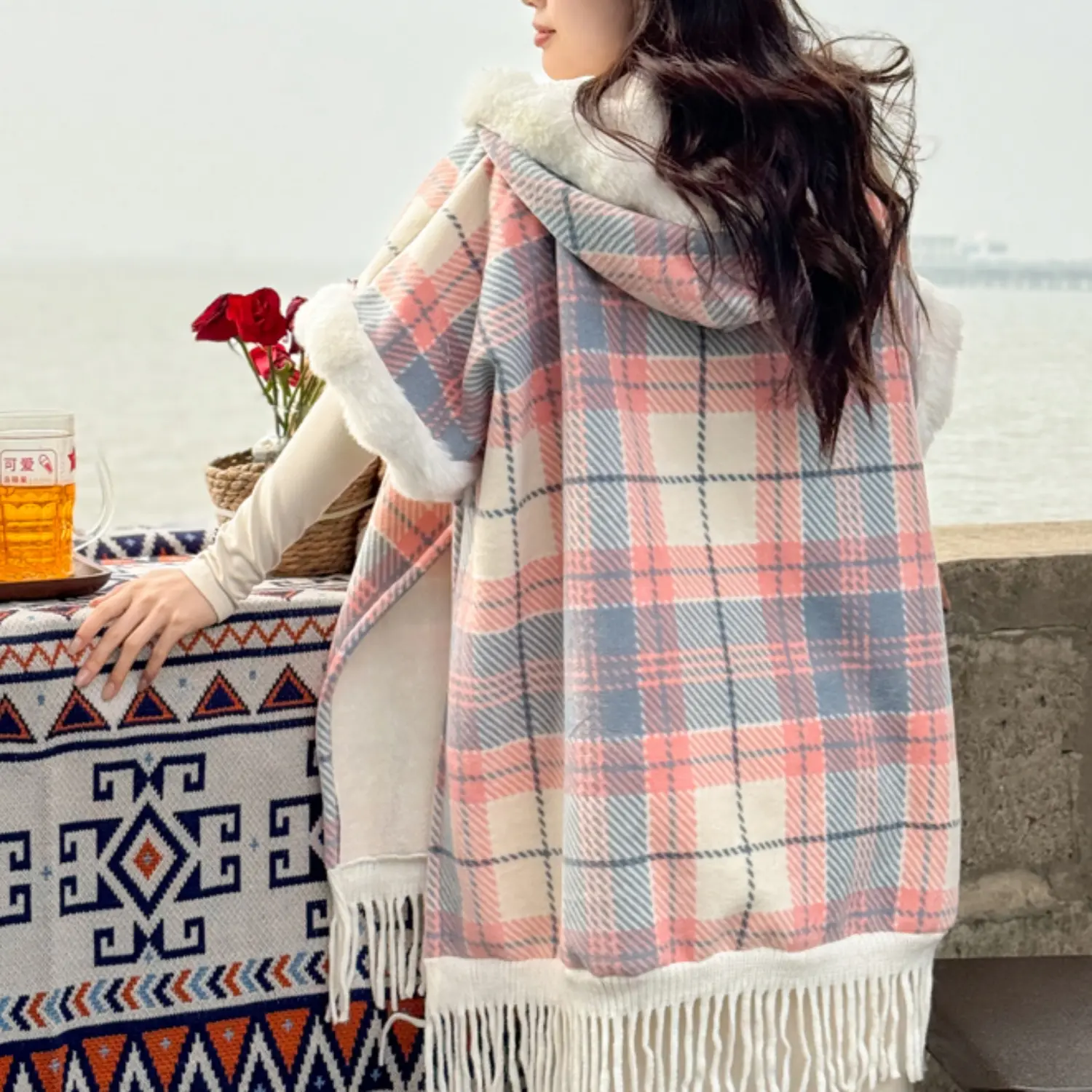 Fleece Wearable Blanket, Wearable Blanket Gifts for Women Girls, Warm and Cozy Giant Blanket Hoodie,Plaid Lap Blanket Comfy Poncho Throw with Buttons for Bed Sofa Office