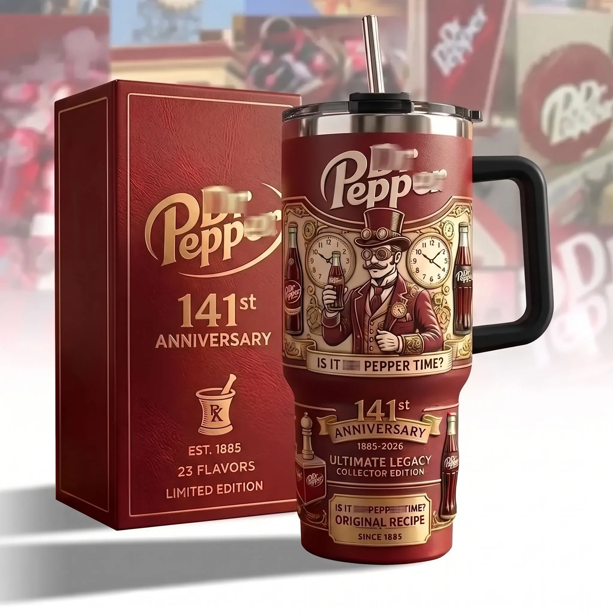 Pepper V2 141st Anniversary Tumbler 40oz With Handle & Straw, Limited Edition 1885-2026 Collector Cup, Retro Soda Fan Gift, Vintage Pepper Drinkware, 23 Flavors Stainless Steel Travel Mug, Insulated Beverage Tumbler