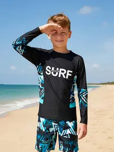 Boys' Geometric Surfing Print Long Sleeve Sun Protection Swimwear Set, Beach Vacation Quick Dry Two-Piece Swimsuit