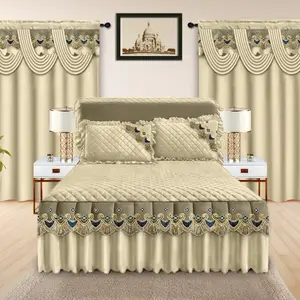 Lilianna Collection 5 pcs Bed Skirt Set for King Size Bed with Pillow Cases and Printing Valance Curtains