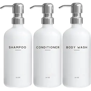 White Shampoo and Conditioner Dispenser Set by Brighter Barns - Shower Dispenser for Bathroom - Refillable Plastic Shampoo Bottle & Stainless Steel Pump - Shampoo Dispenser for Vacation Rental (White)