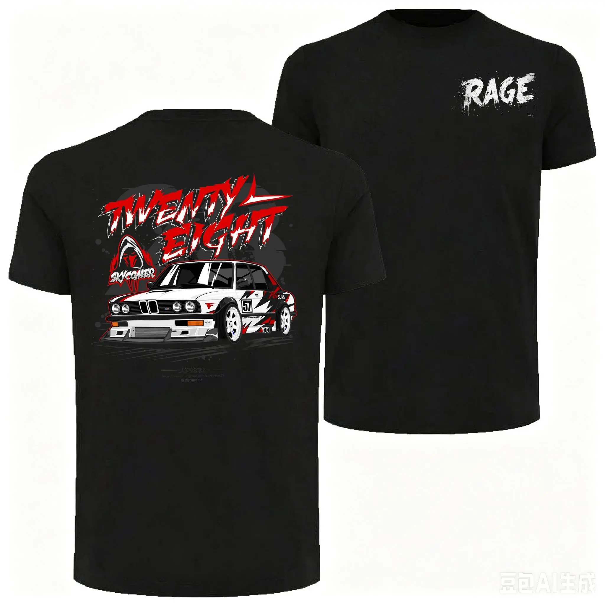 Women's Black Cotton Short-Sleeve T-Shirt - Unisex Retro Modified Race Car Graphic, Graffiti Rage Letter Chest Print, Vintage Drift Automotive Design - Workwear, Cargo, Athletic Fabric Top for Gearheads Streetwear Casual Fashion