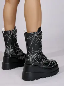 Women's Gothic Platform Boots, Perfect for Rave Parties, Chunky Heel Ankle Combat Boots with Laces and Zipper, Fashion Round Toe, PU Rubber