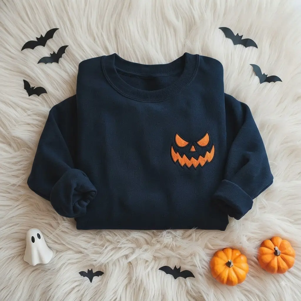 Embroidered Halloween Pumpkin Face Sweatshirt, Embroidered Jackolantern Crenneck, Tonal Spooky Season Sweater, Trendy Fall Apparel, Unise Casual Classic