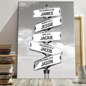 2D Flat, 2D Flat, Custom Surname Street Sign Canvas - 1-9 People Personalized Multiple Names Directional Printing, Home Decor for Living Room, Bedroom Or Office, Unique Gift for Family Member with Date of Birth, Perfect Birthday Or Wedding Gift
