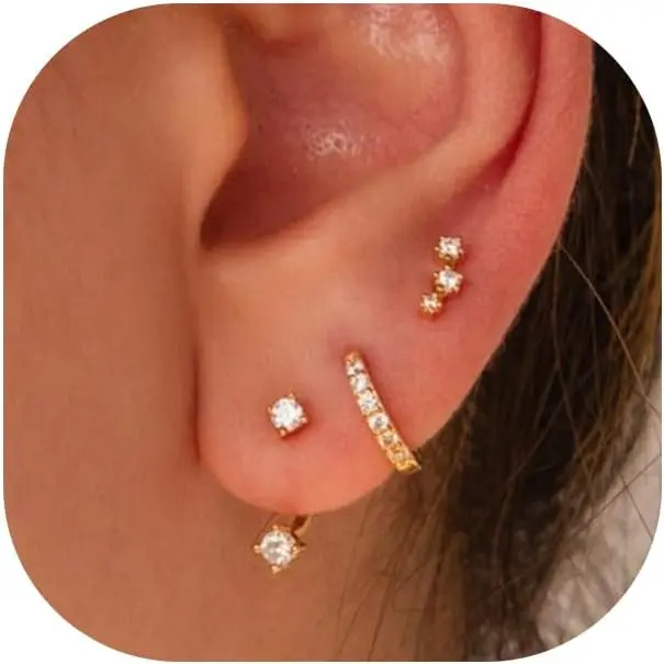 3 Pairs Huggie Hoop Earring Set 18K  Plated Cubic Zirconia Cartilage Earrings, Multi Piercings Ear Jacket Earring Climber Stud Earring for Women Everyday Earrings
