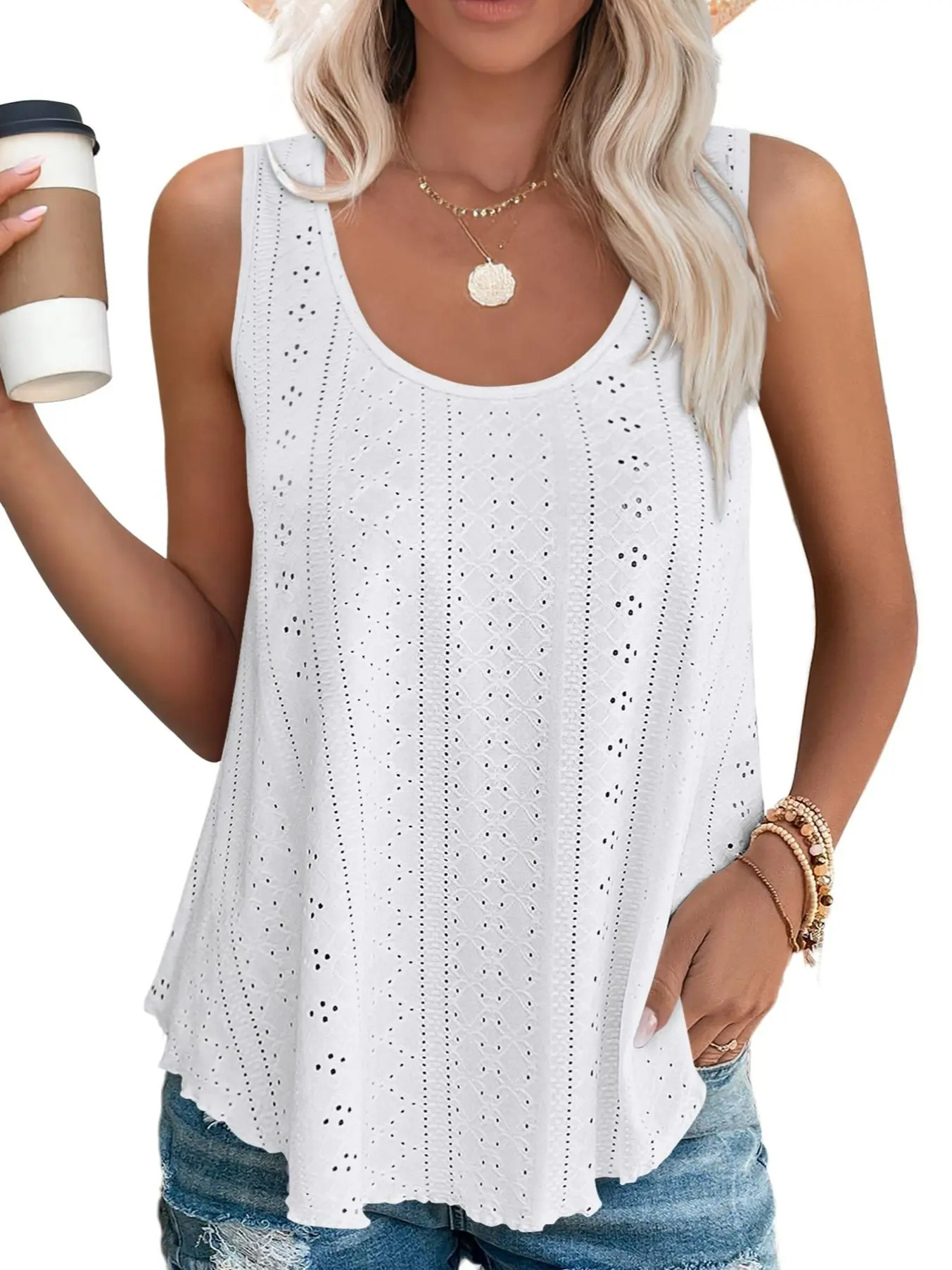 Women's Summer Eyelet Tank Top, Casual Sleeveless Hollow Out Shirt, Trendy Crewneck Breathable Bohemian Beachwear