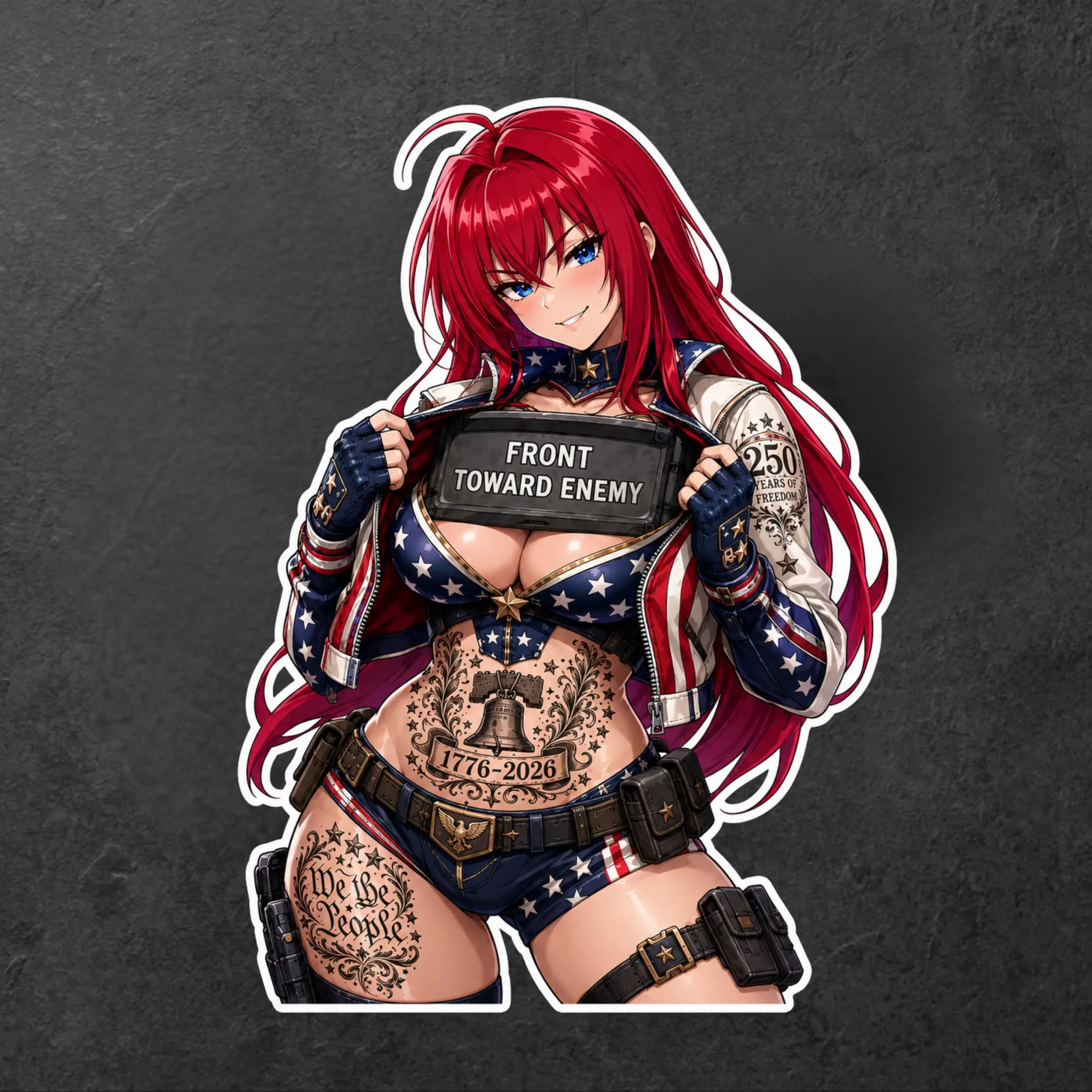 Rias Red Hair Patriotic Anime Sticker, America 250 Tactical Decal, 1776–2026 Freedom Art for Laptop Skateboard Bottle