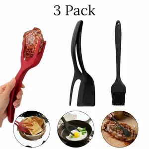 3 Pack 2 in 1 Egg Flipper Spatula Tong Set, Non-Stick Silicone Kitchen Cooking Tool, Heat Resistant Flip Spatula Tongs for Eggs, Pancakes, Steak, Fish & BBQ, 3pcs Cooking Utensil Set with Basting Brush, Black