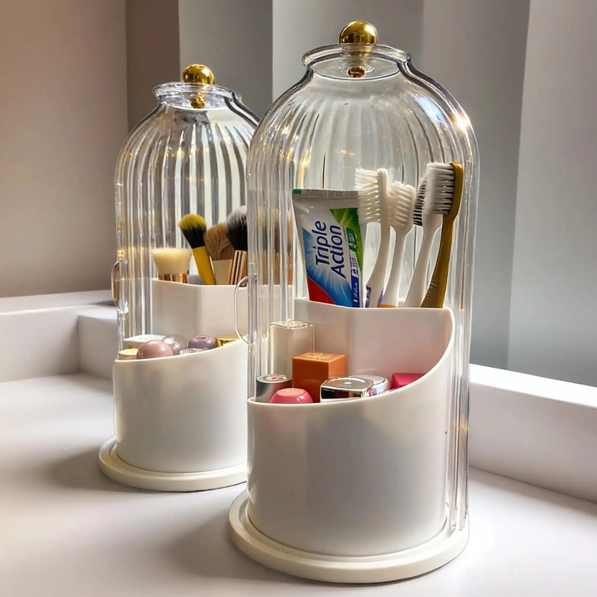 Toothbrush Holders with Sliding Lid,Rotating 3 Slots Bathroom Organizer Countertop,Enclosed Design,Hygienic for Bathroom,Hygienic Enclosed Toothbrush Holder for Family,Trendy Organizador para Cepillos de Dientes,Modern Bathroom Accessory,Home Goods