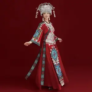 AETHNO Miao Embroidery Dress — Handcrafted Heritage & Festive Elegance for Christmas, New Year, and Miao Festival, Maxi Length, Floral Pattern, Premium Satin Blend, Hand Embroidery, Silver-like Ornaments, Perfect for Cultural Events & Holiday Photoshoots